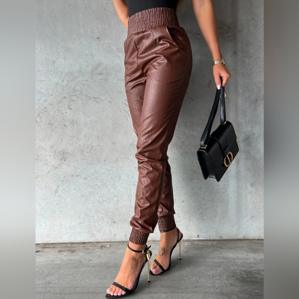 Brown Smocked High Waist Pants with Pockets - Picture 1 of 3
